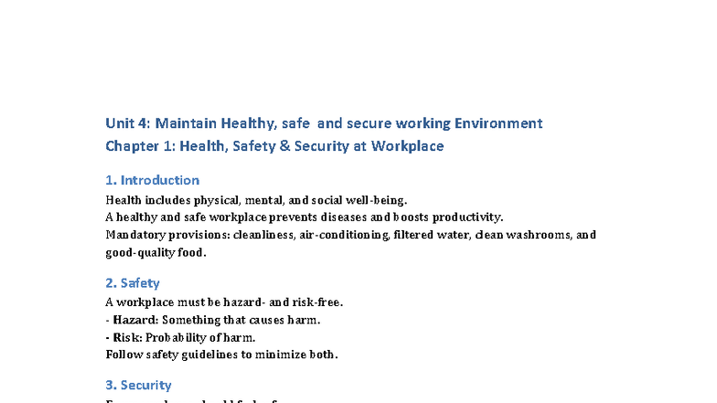 Unit 4: Health, Safety & Security at Workplace - Summary 001 - Studocu
