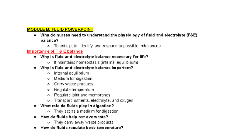 NUR 145 Module B: Fluid and Electrolyte Balance Overview - Studocu