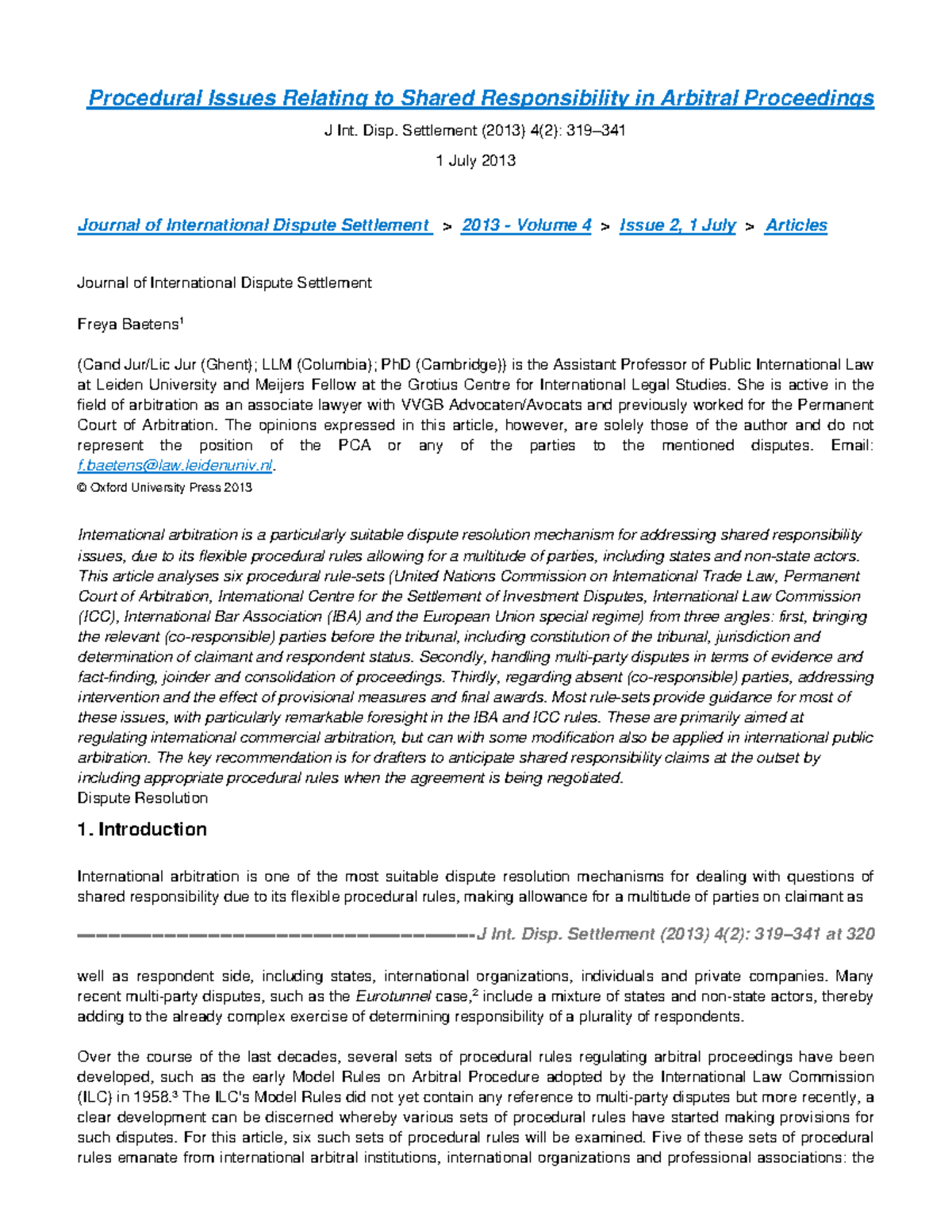 Procedural Issues in Shared Responsibility: Insights from J Int. Disp ...