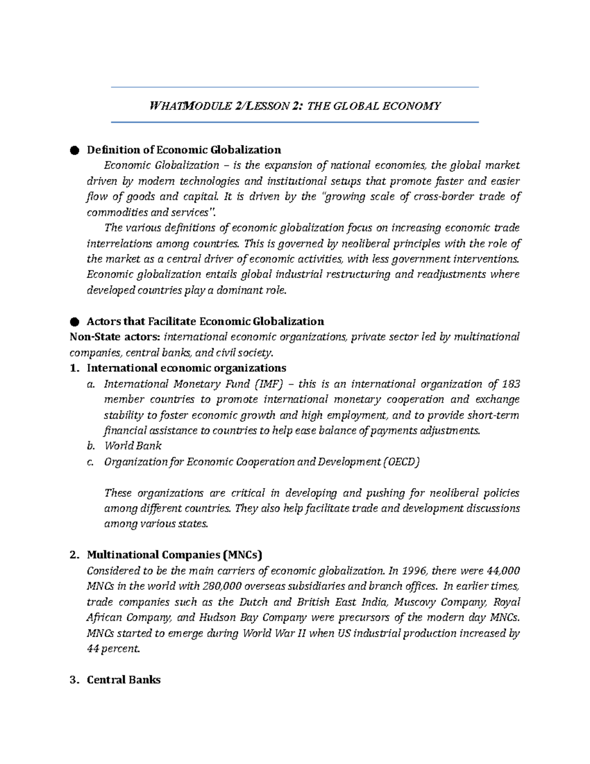 Module 2: The Global Economy - Key Concepts and Actors (Week 2) - Studocu