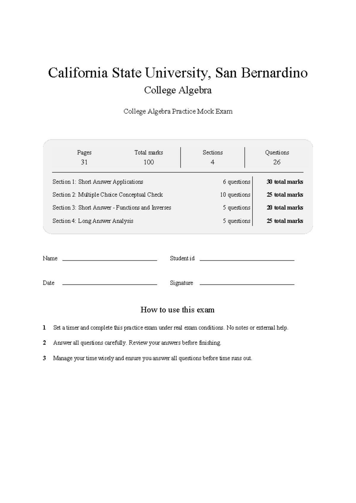 MATH 110 College Algebra Mock Exam Practice Guide 2026 - Studocu
