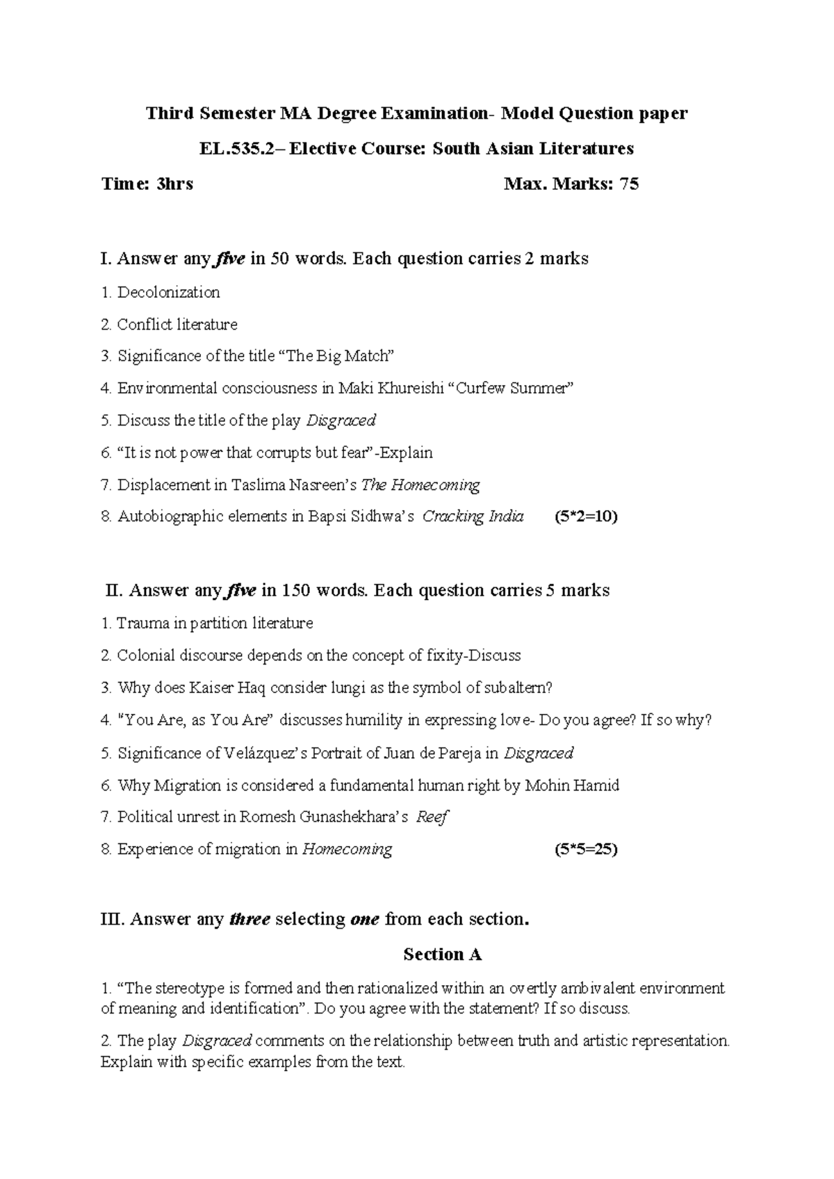 MA Elective south asian literature question - Third Semester MA Degree ...