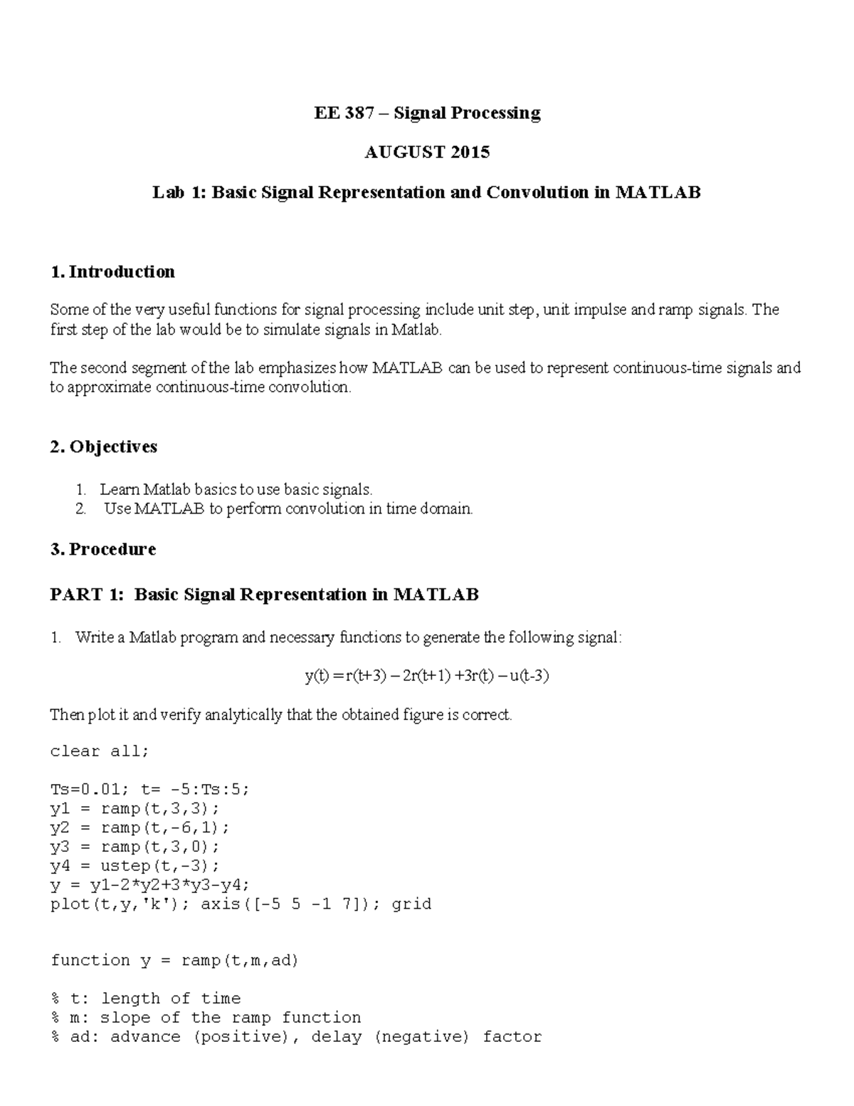 EE 387 - Lab 1: Basic Signal Representation & Convolution in MATLAB ...