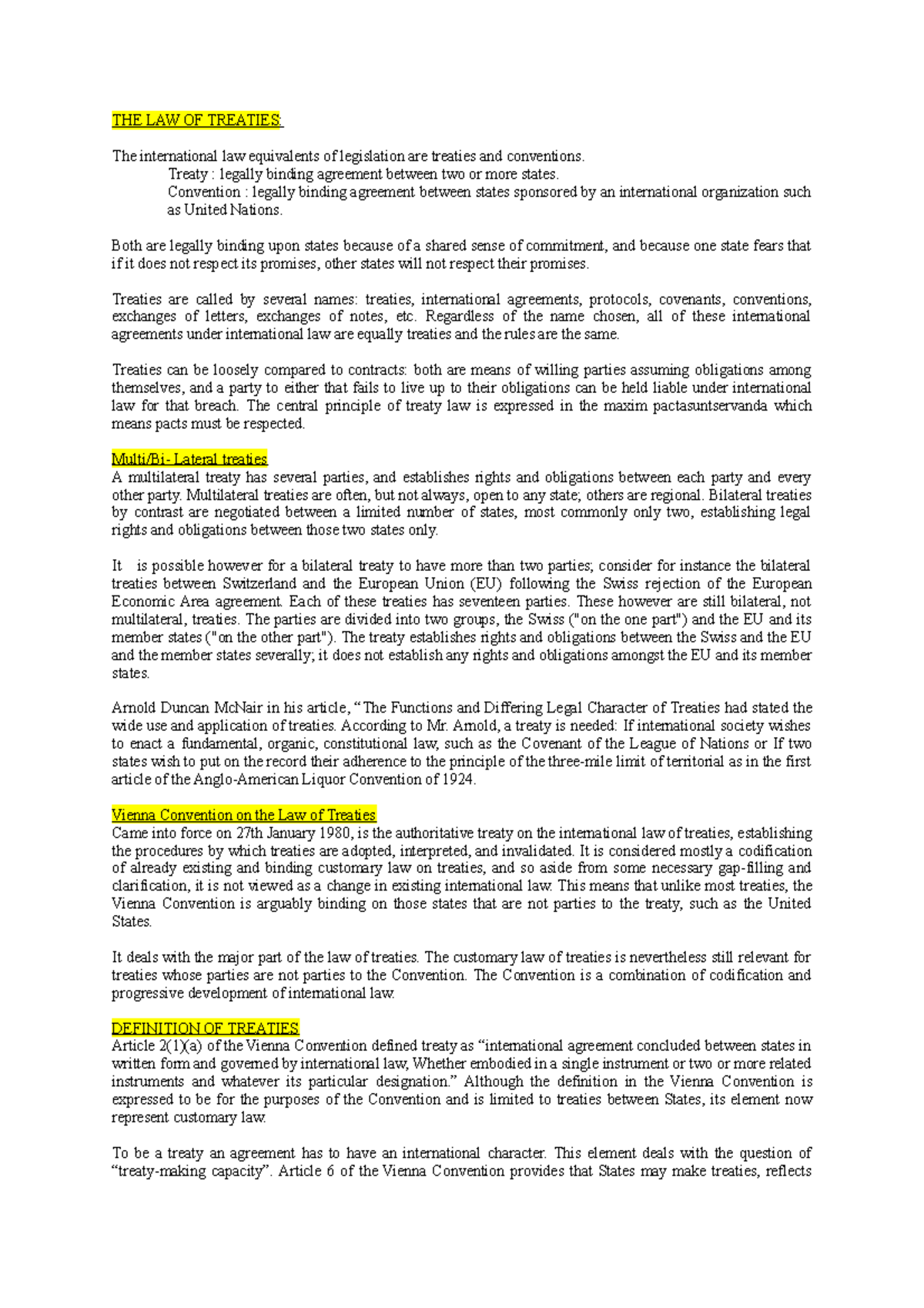 Final Exam Notes on THE LAW OF TREATIES (Law 101) - Studocu