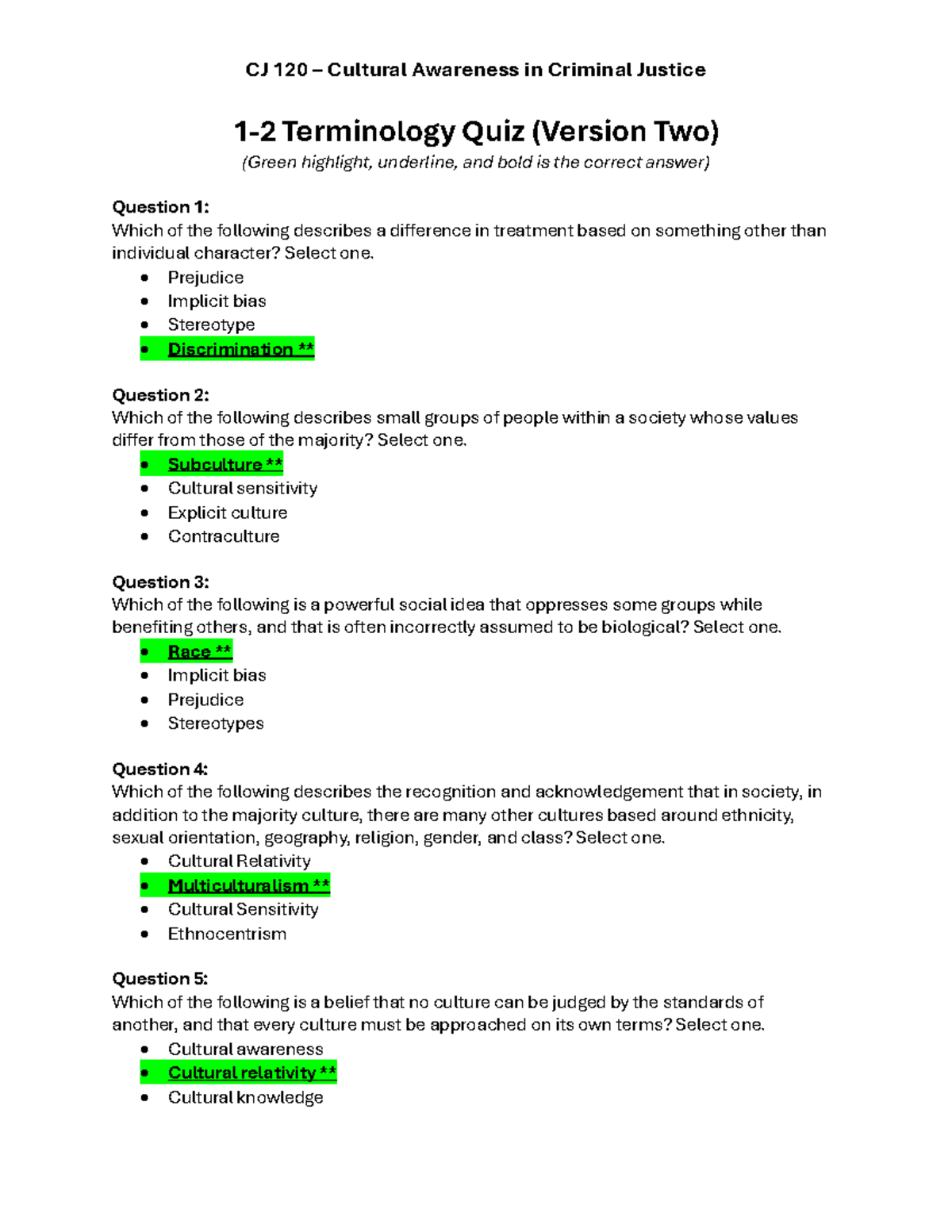 CJ 120 Cultural Awareness in Criminal Justice Terminology Quiz (Version ...