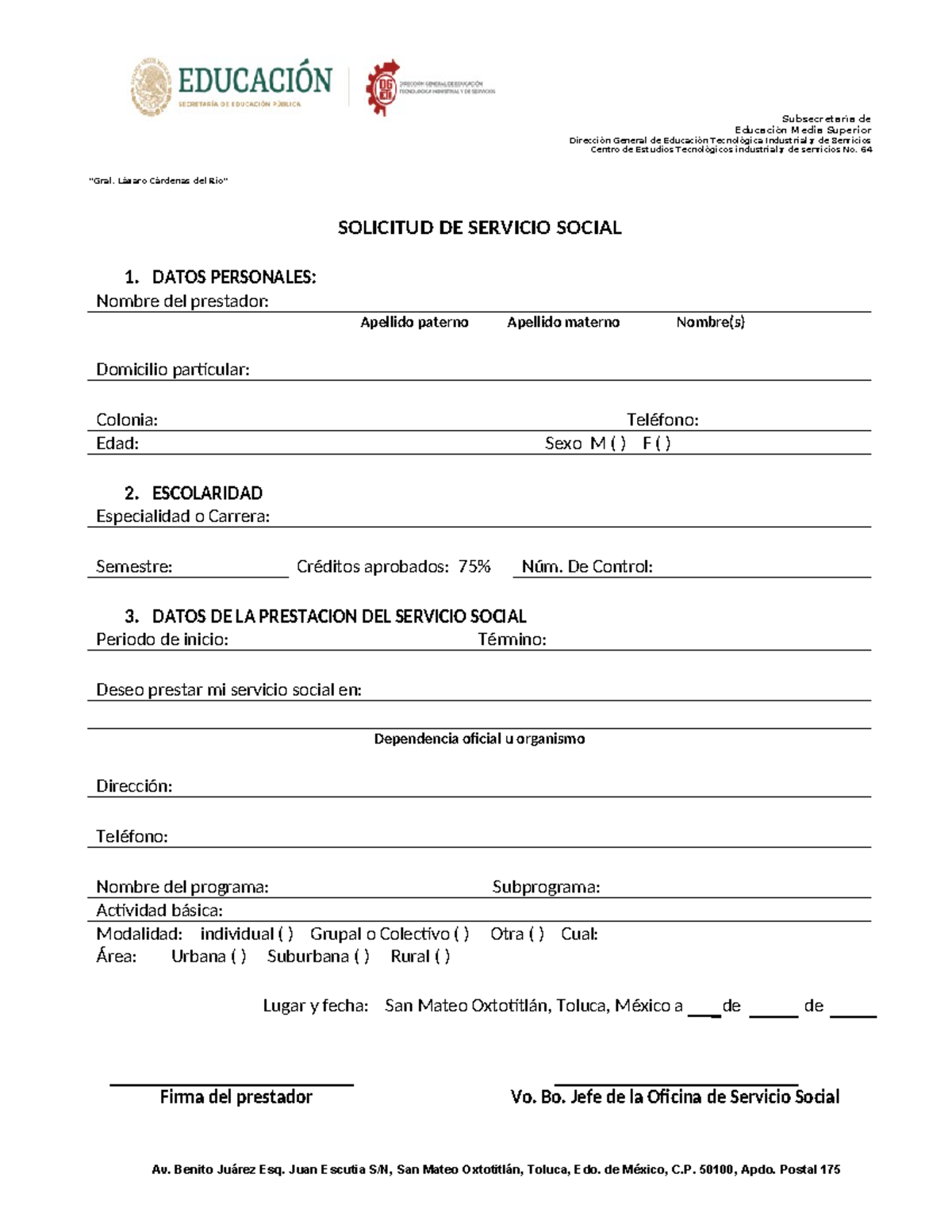 Solicitud de Servicio Social - Formatos CETIS 64 - Studocu