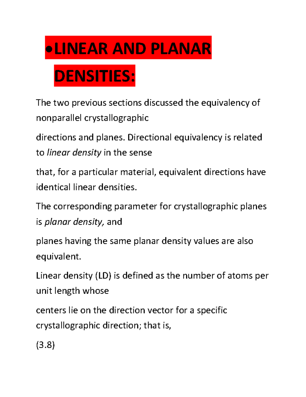 Linear and Planar Densities in Crystallography - Course Material - Studocu