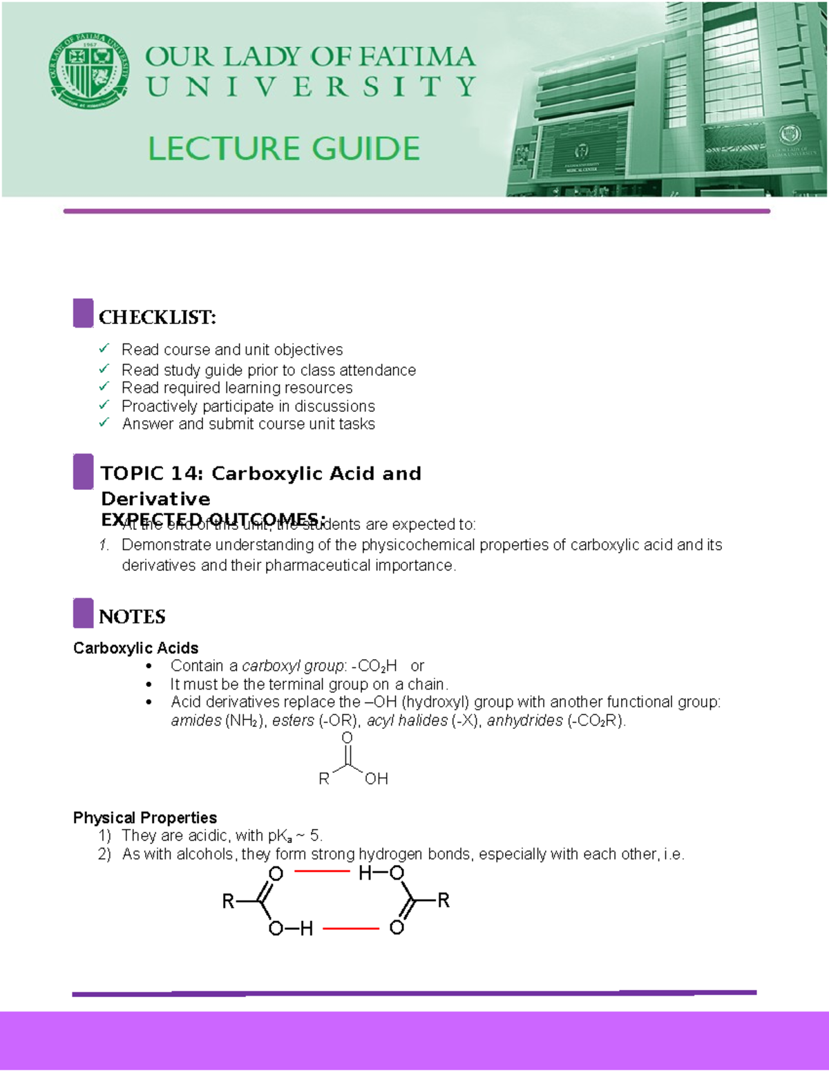 PORG111 Lecture Guide: Carboxylic Acids & Derivatives (Week 16) - Studocu