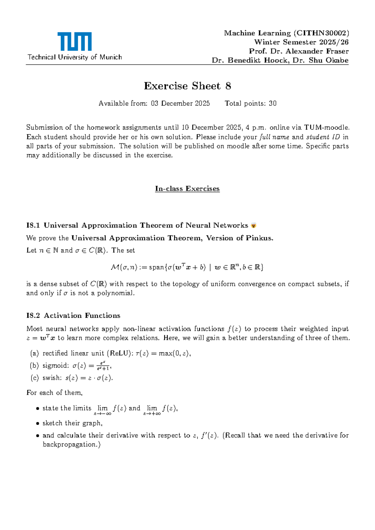 Exercise Sheet 08: Machine Learning (Winter Semester) - Studocu