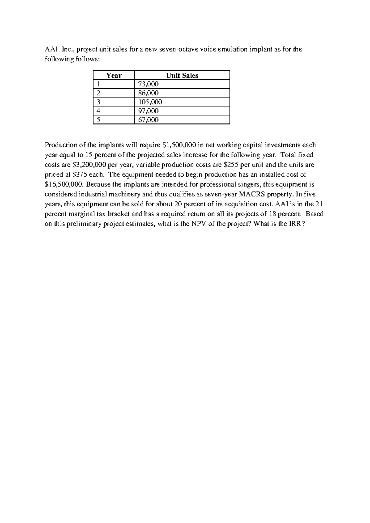 AAI Inc. Cash Flow Estimation & NPV Analysis for New Project - Studocu