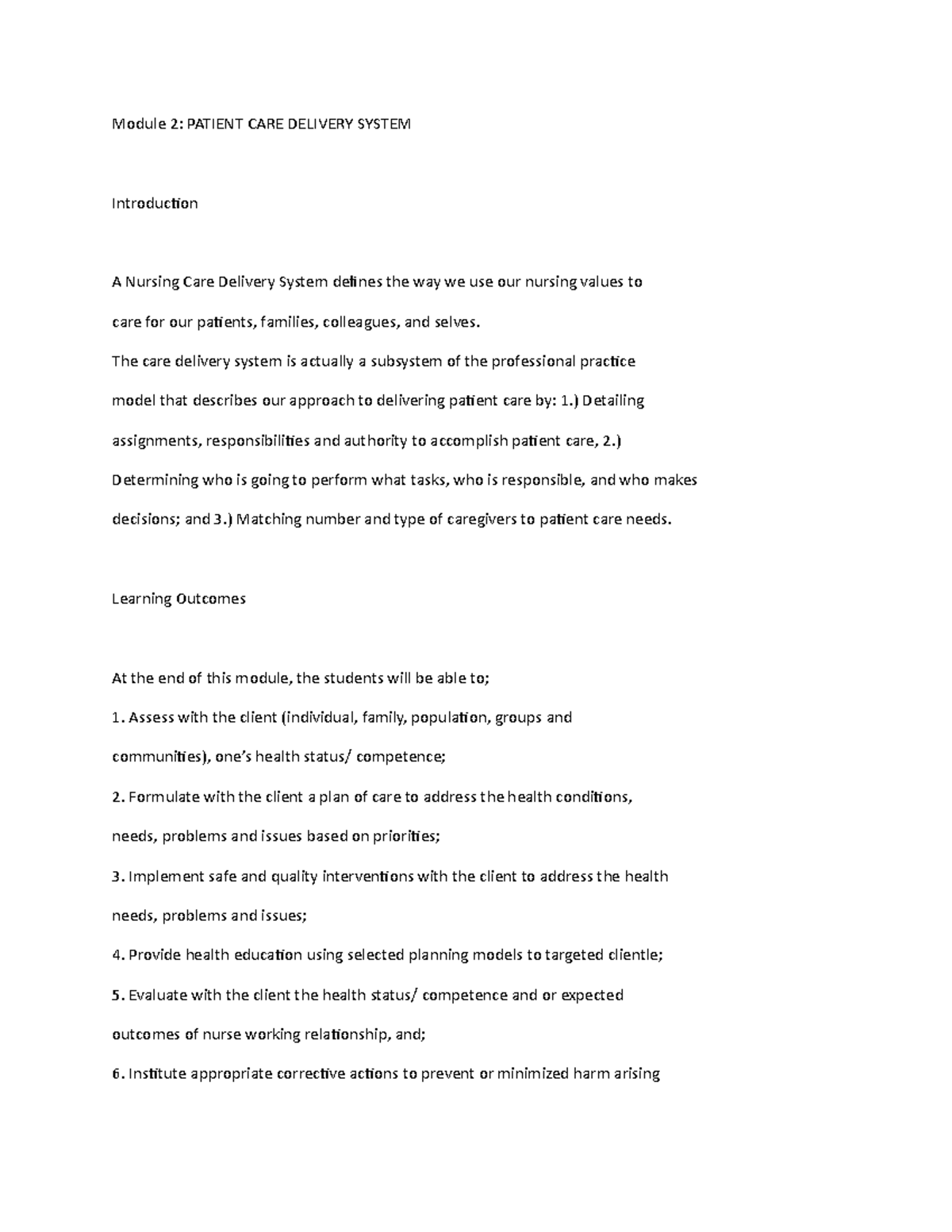 Module 2: Patient Care Delivery System Overview and Nursing Process ...