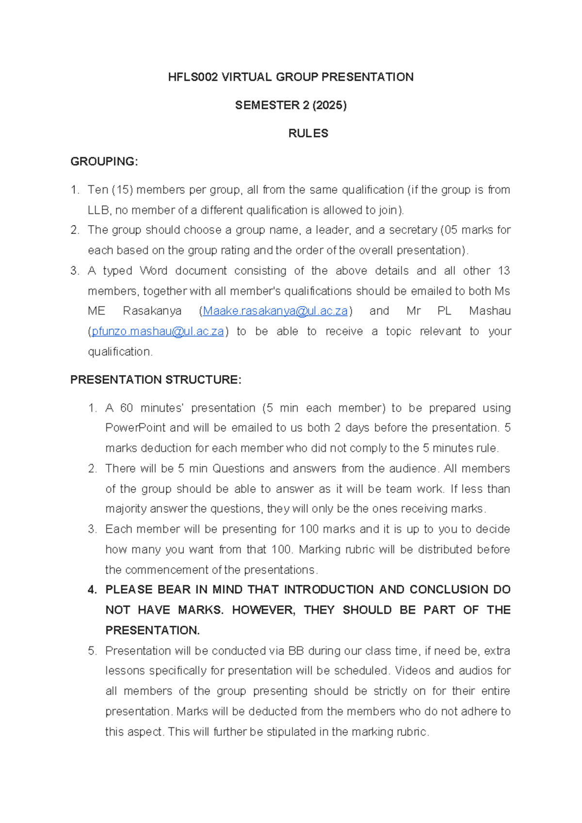 HFLS002 Group Presentation Rules & Structure for Semester 2 (2025 ...