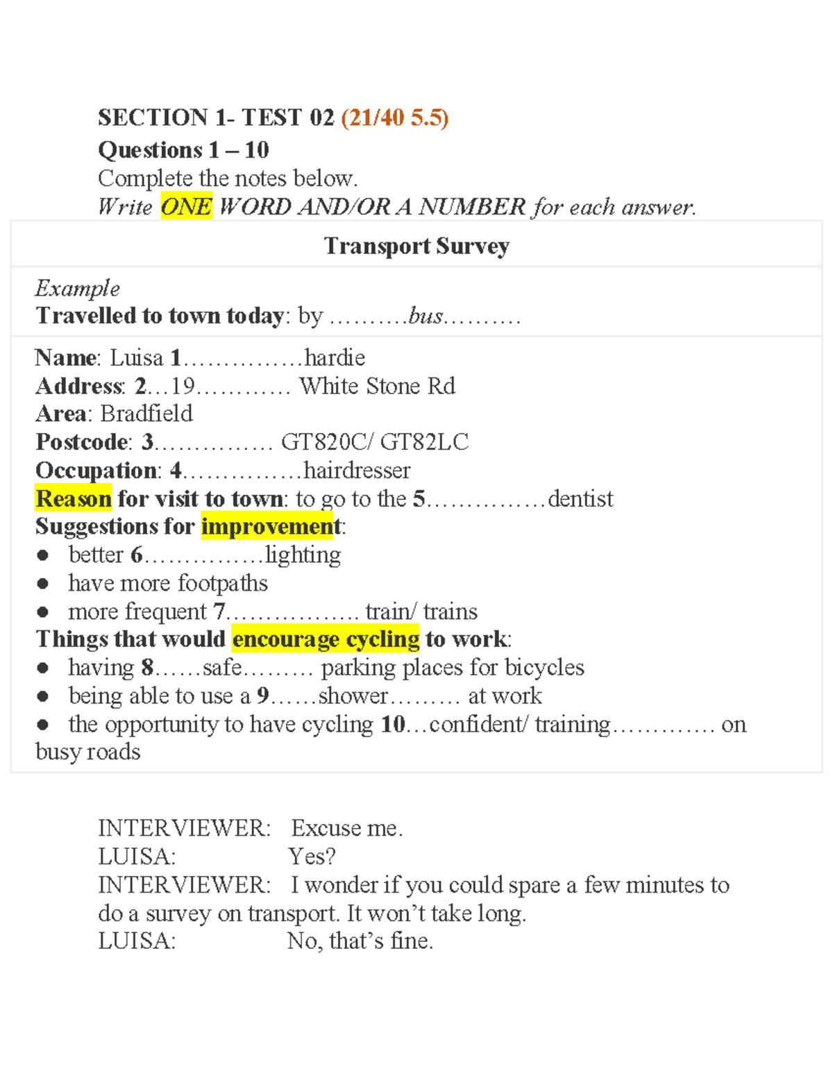 Cam 10 listening answer - SECTION 1- TEST 02 (21/40 5) Questions 1 – 10 ...