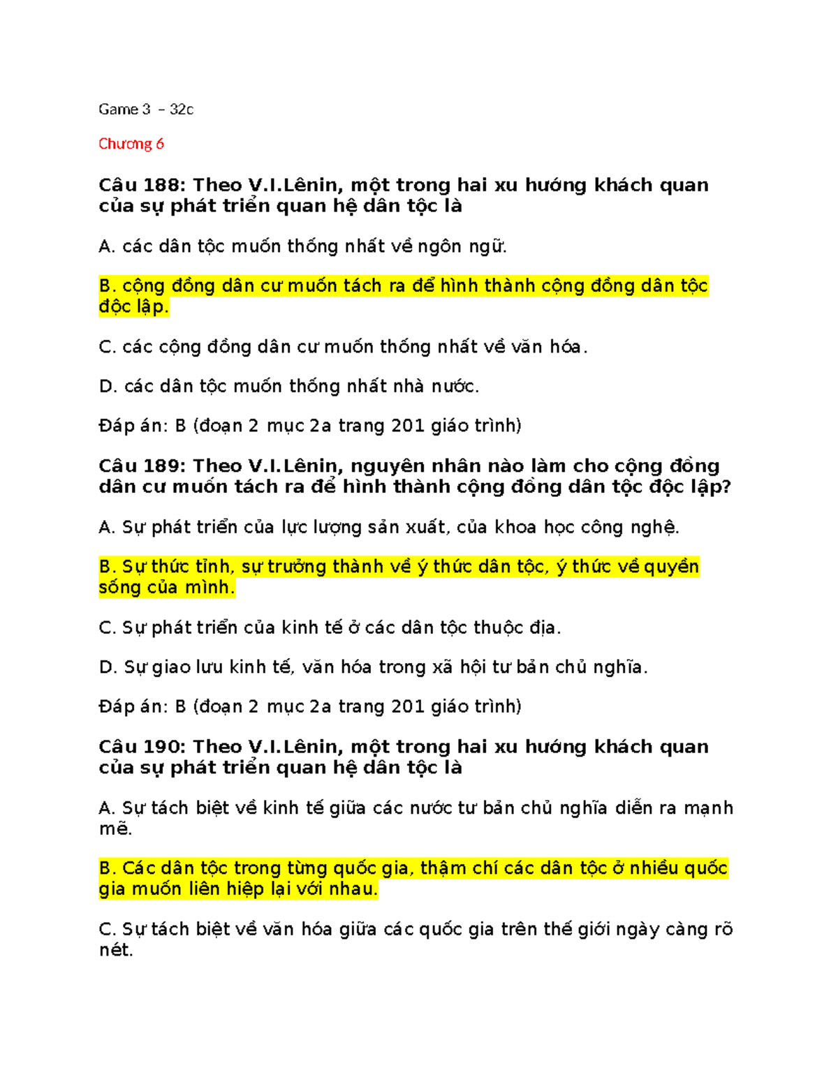 Game 3 32c: Câu Hỏi và Đáp Án Về V.I. Lênin và Dân Tộc - Studocu