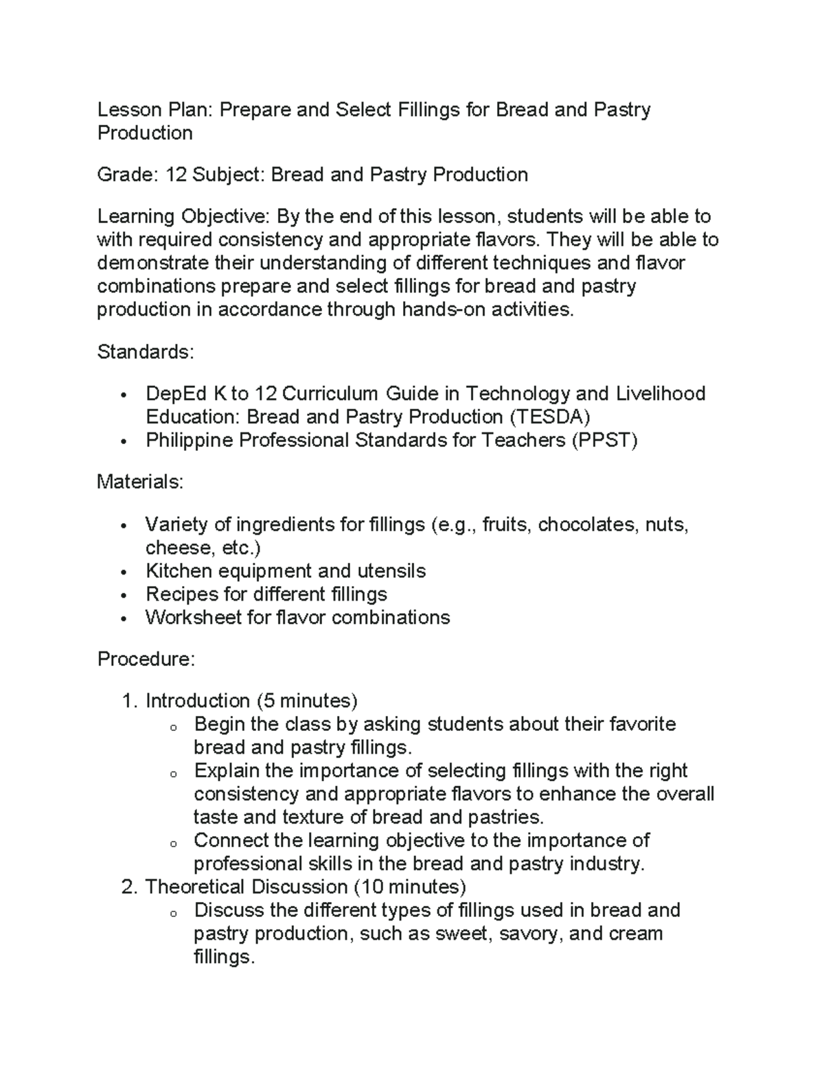 BPP 12 Lesson Plan: Prepare & Select Fillings for Bread & Pastry - Studocu