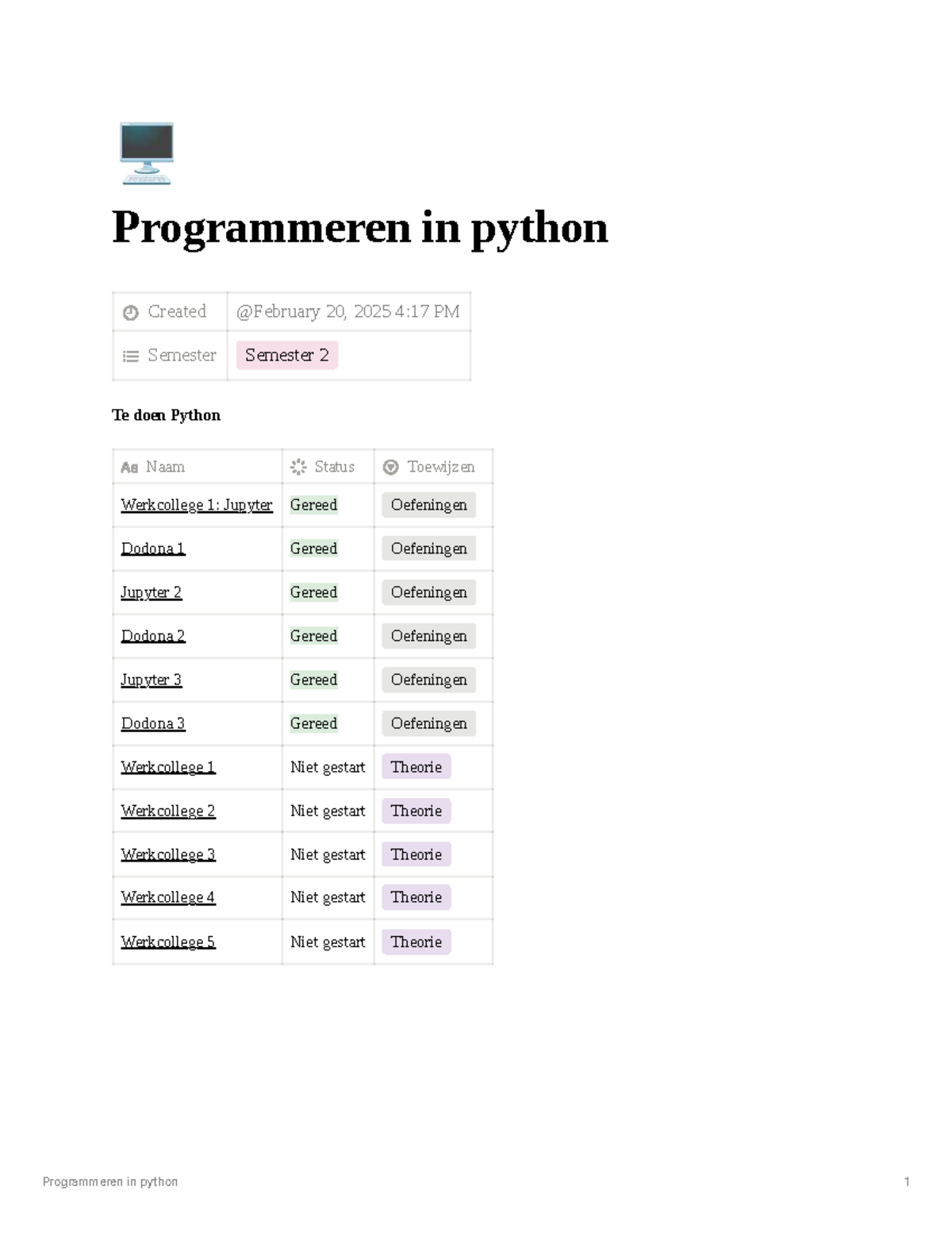 Programmeren in Python: Werkcollege Notities en Oefeningen (Semester 2 ...