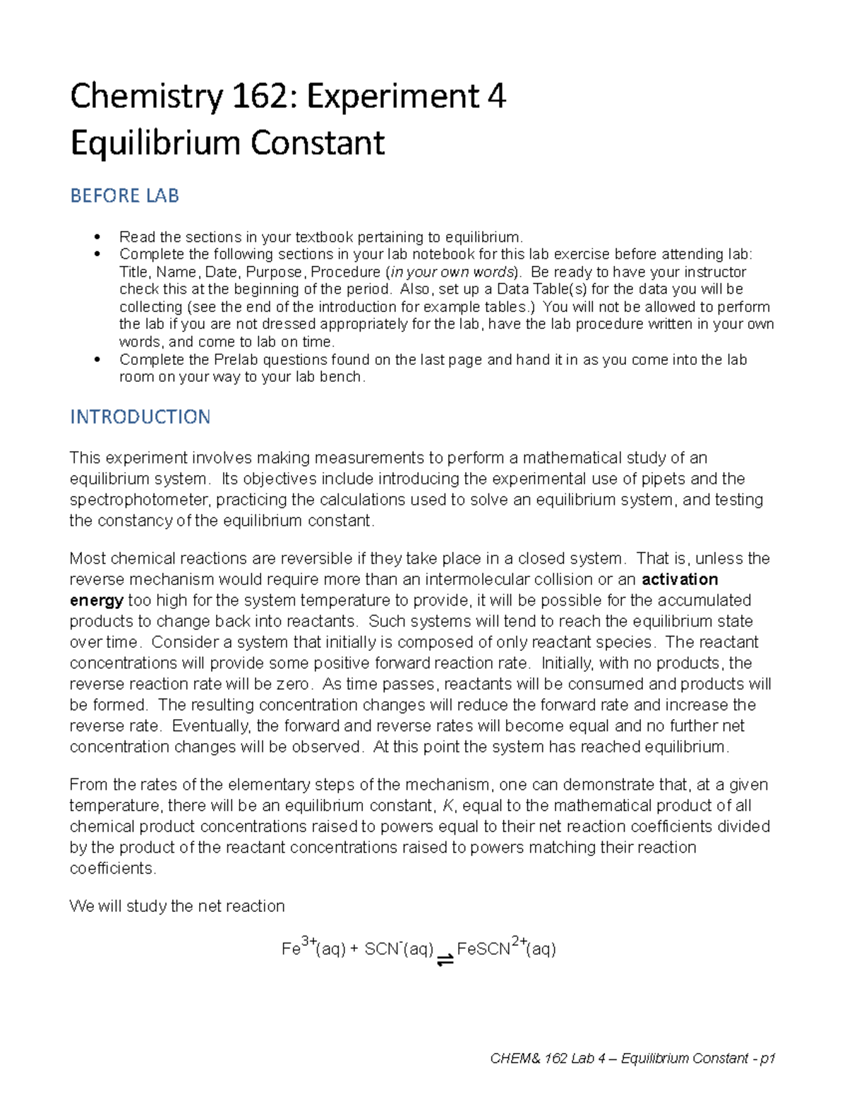 Chemistry 162: Lab 4 - Equilibrium Constant Experiment Guide - Studocu