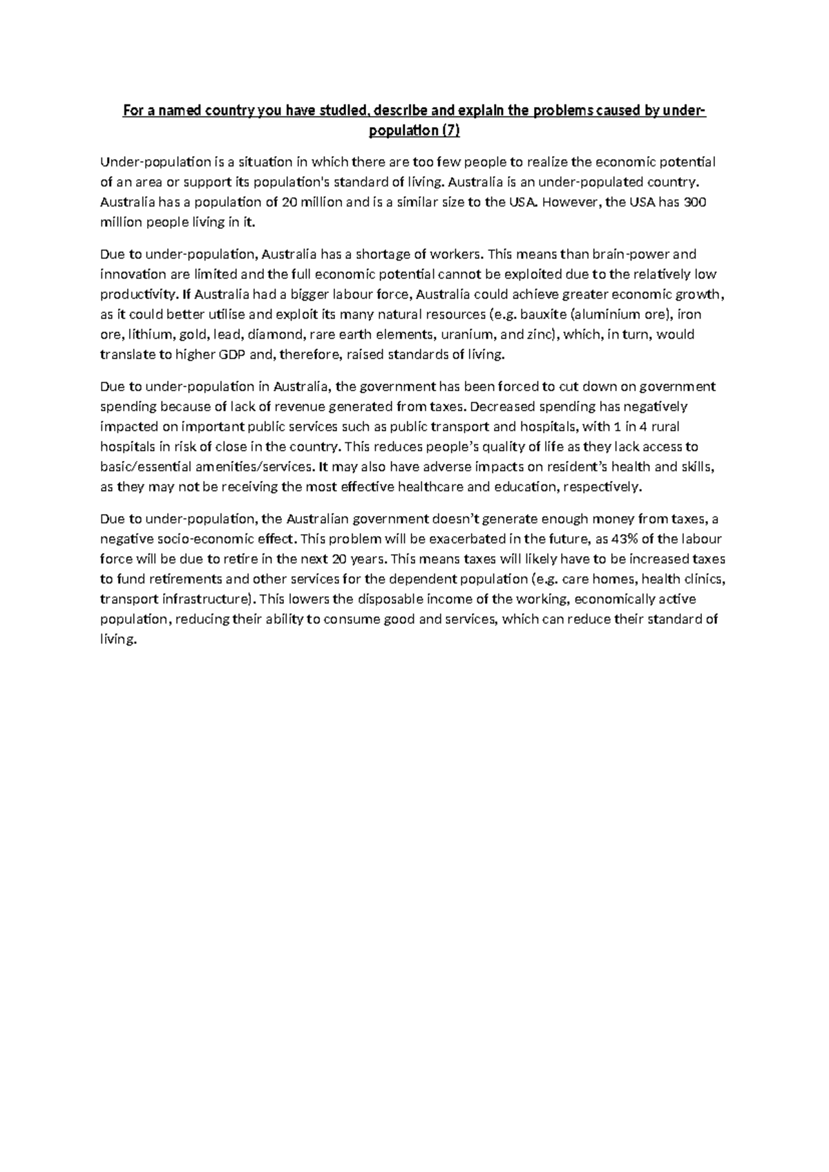 Model Essay - Australia: Issues of Underpopulation (7) - Studocu