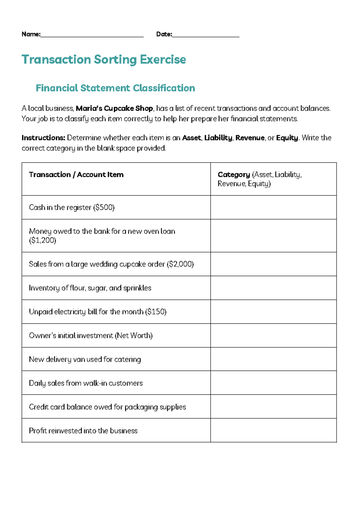 Accounting Exercise: Transaction Sorting for Financial Statements - Studocu