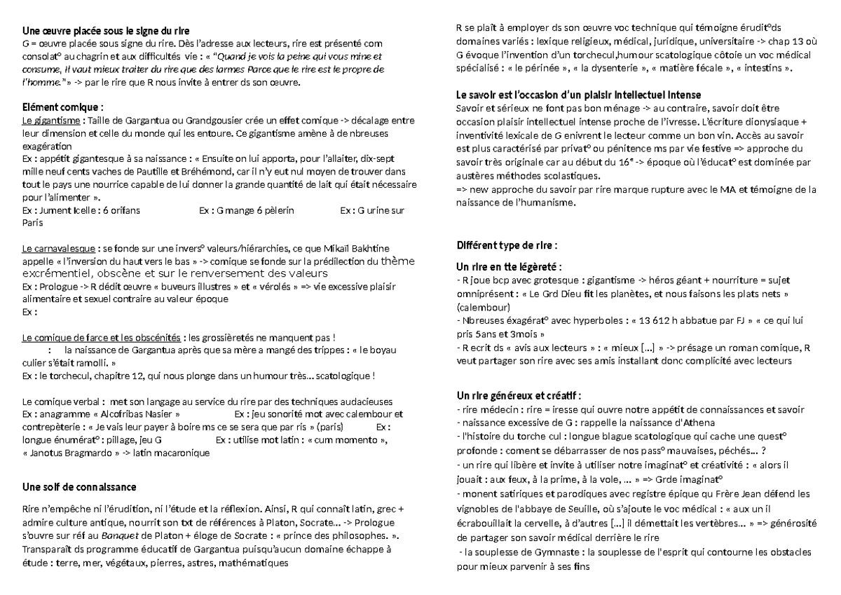 Fiche Dissertation : Le Rire et le Savoir dans Gargantua (Littérature
