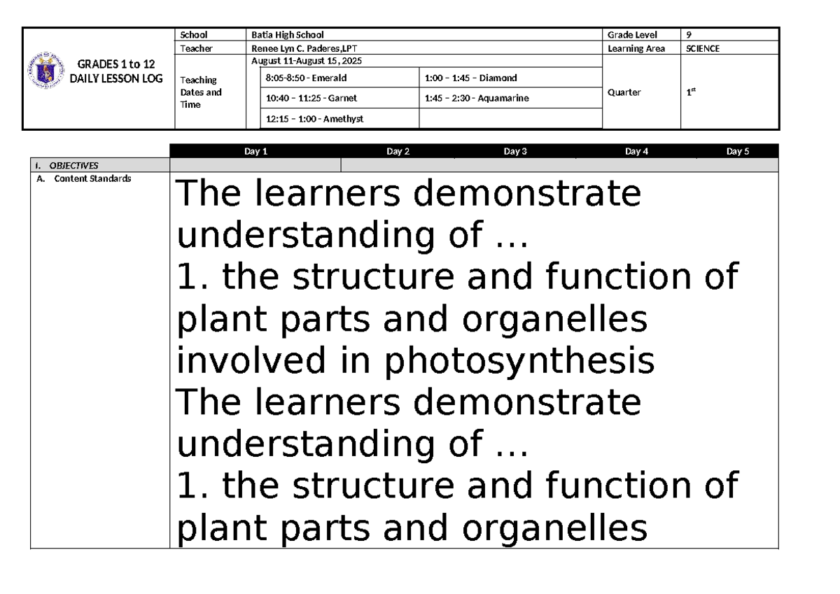 August 11-15, 2025 Daily Lesson Log (DLL) for Grade 9 Science - Studocu