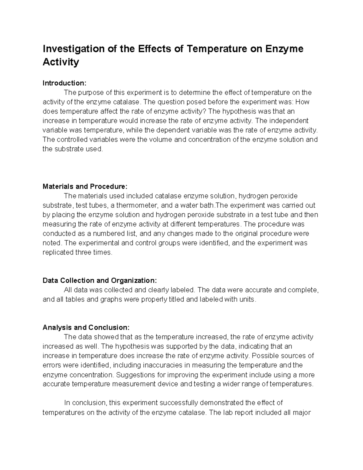 ENZ 101: Effects of Temperature on Catalase Enzyme Activity Lab Report ...