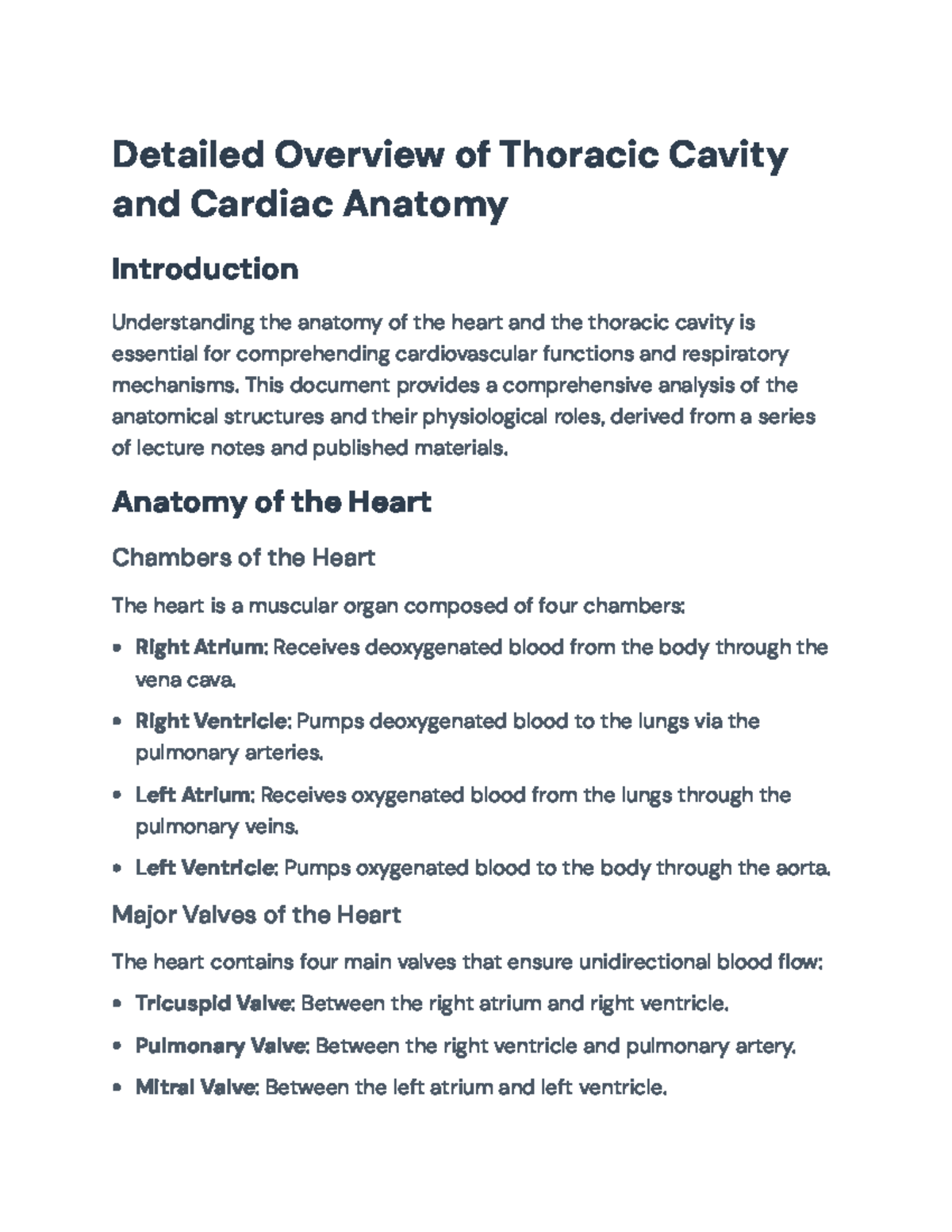 Detailed Overview of Thoracic Cavity and Cardiac Anatomy Lecture Notes ...
