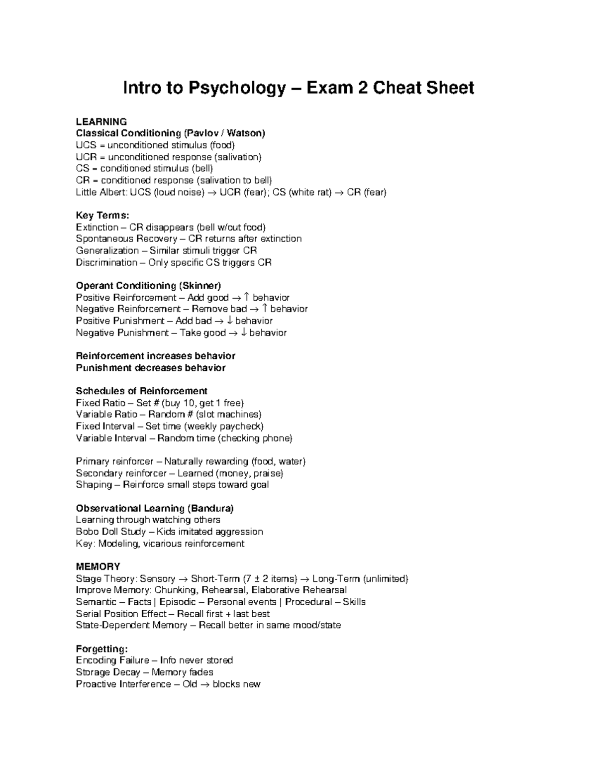 Intro to Psychology PSY101 – Exam 2 Study Guide Cheat Sheet - Studocu