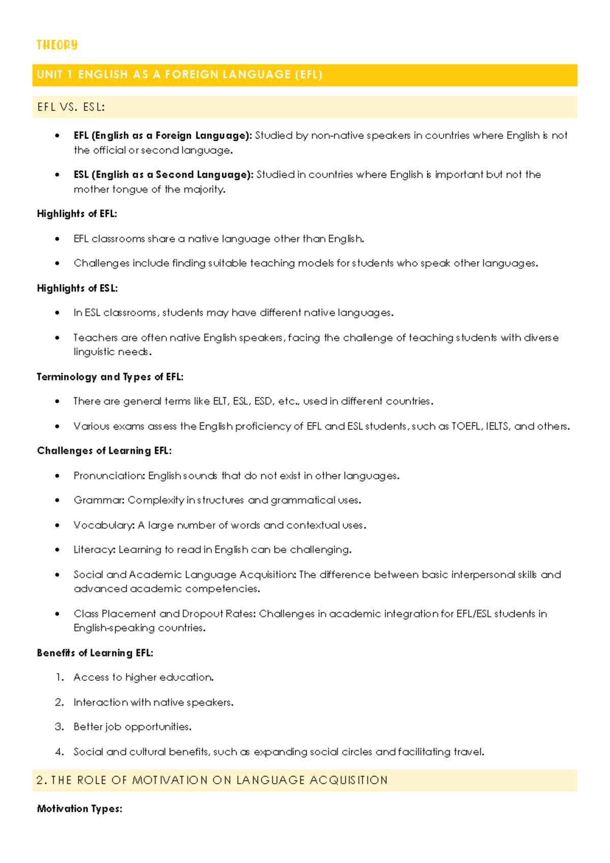Theory examen 1-6 - THEORY UNIT 1 ENGLISH AS A FOREIGN LANGUAGE (EFL ...