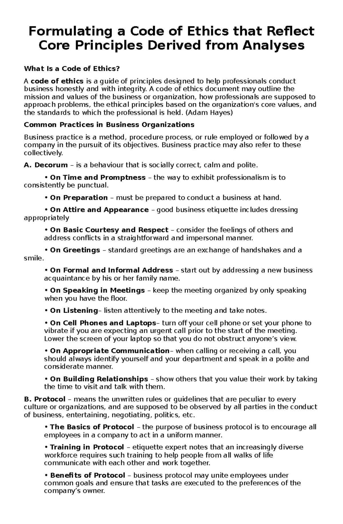 Formulating a Code of Ethics: Core Principles & Business Practices ...
