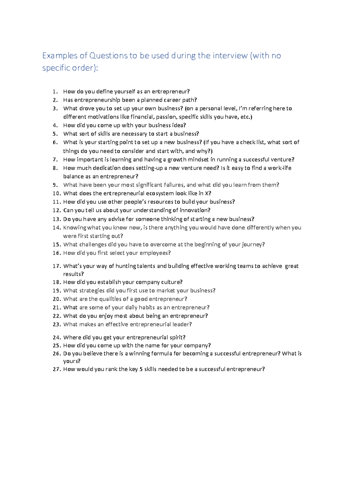 Entrepreneurship Interview Questions: Key Insights and Strategies - Studocu