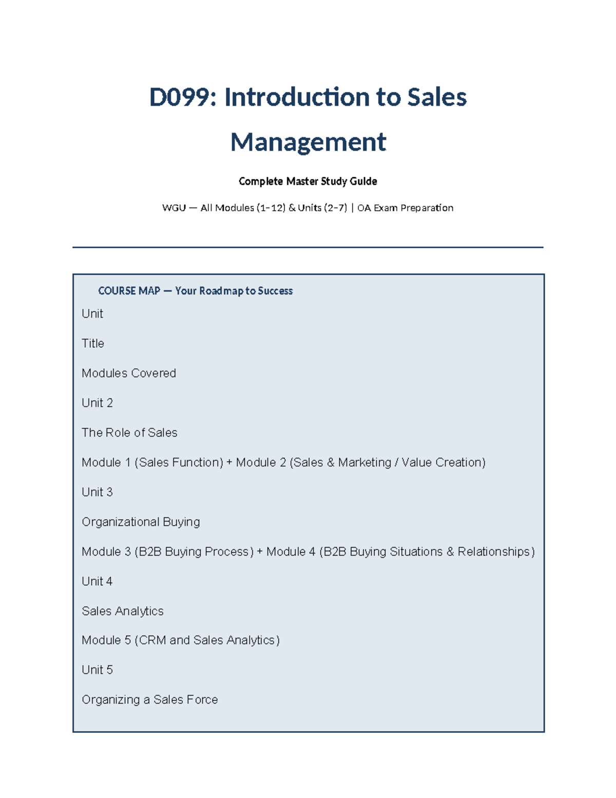 D099: Comprehensive Study Guide for Sales Management Exam Prep - Studocu