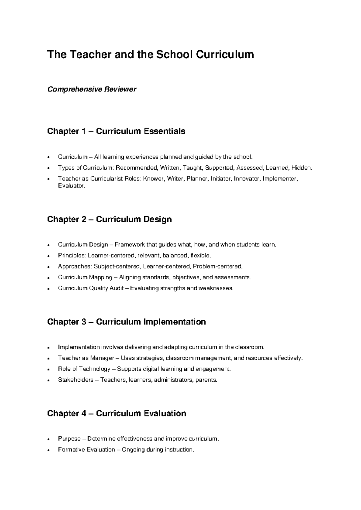 The Teacher and the School Curriculum Comprehensive Reviewer 1 - Studocu