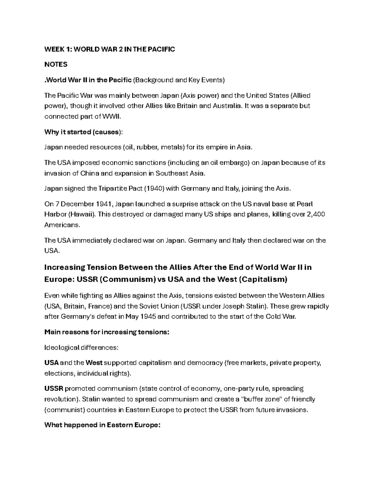 WEEK 1: WWII IN THE PACIFIC - KEY EVENTS & TENSIONS - Studocu