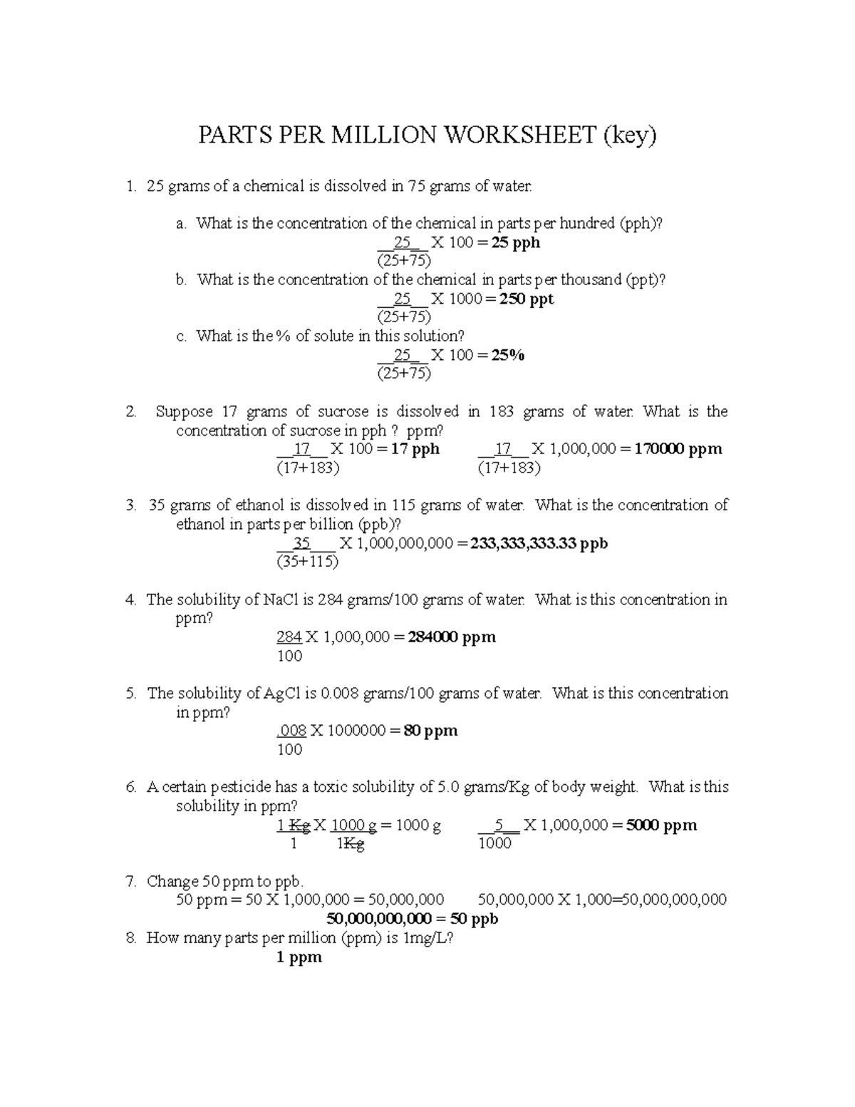 PPM Worksheet Answers: Parts Per Million Concentration Examples - Studocu