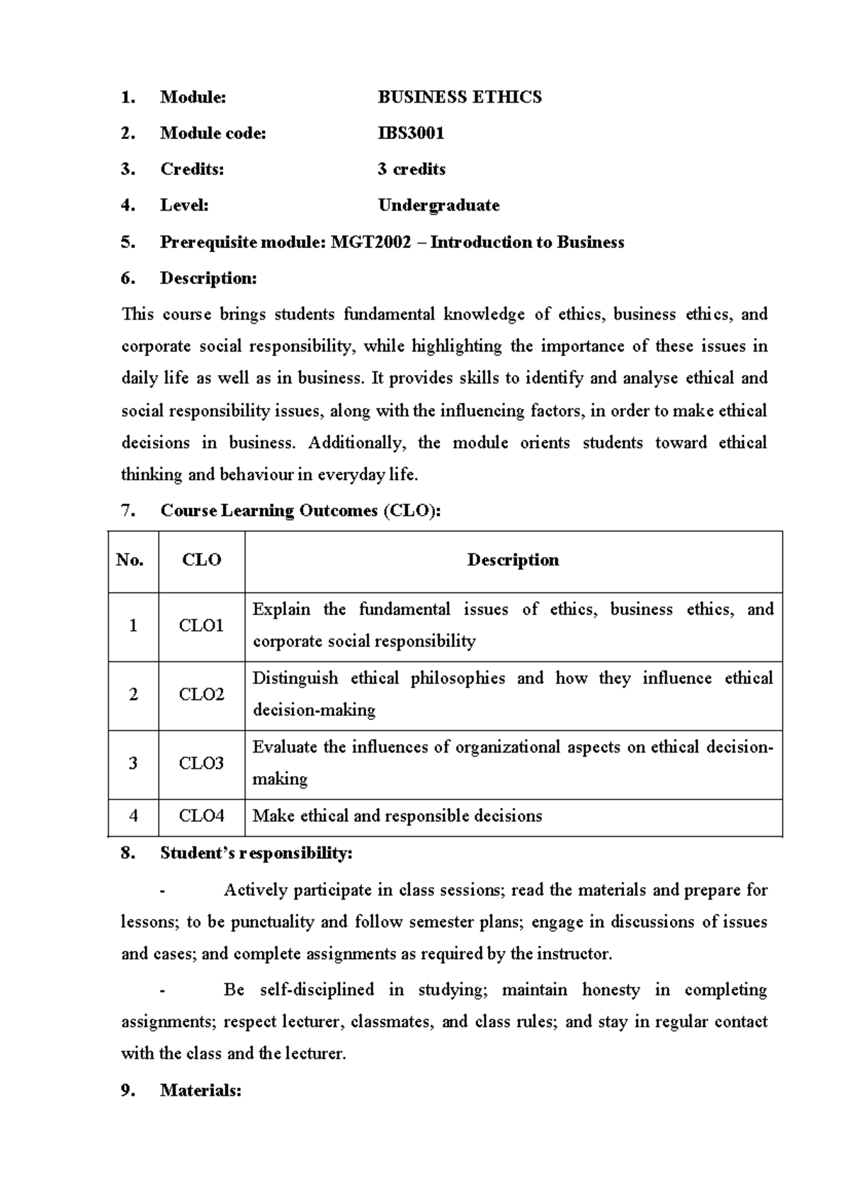 IBS3001 - Detailed Course Outline for Business Ethics Module - Studocu