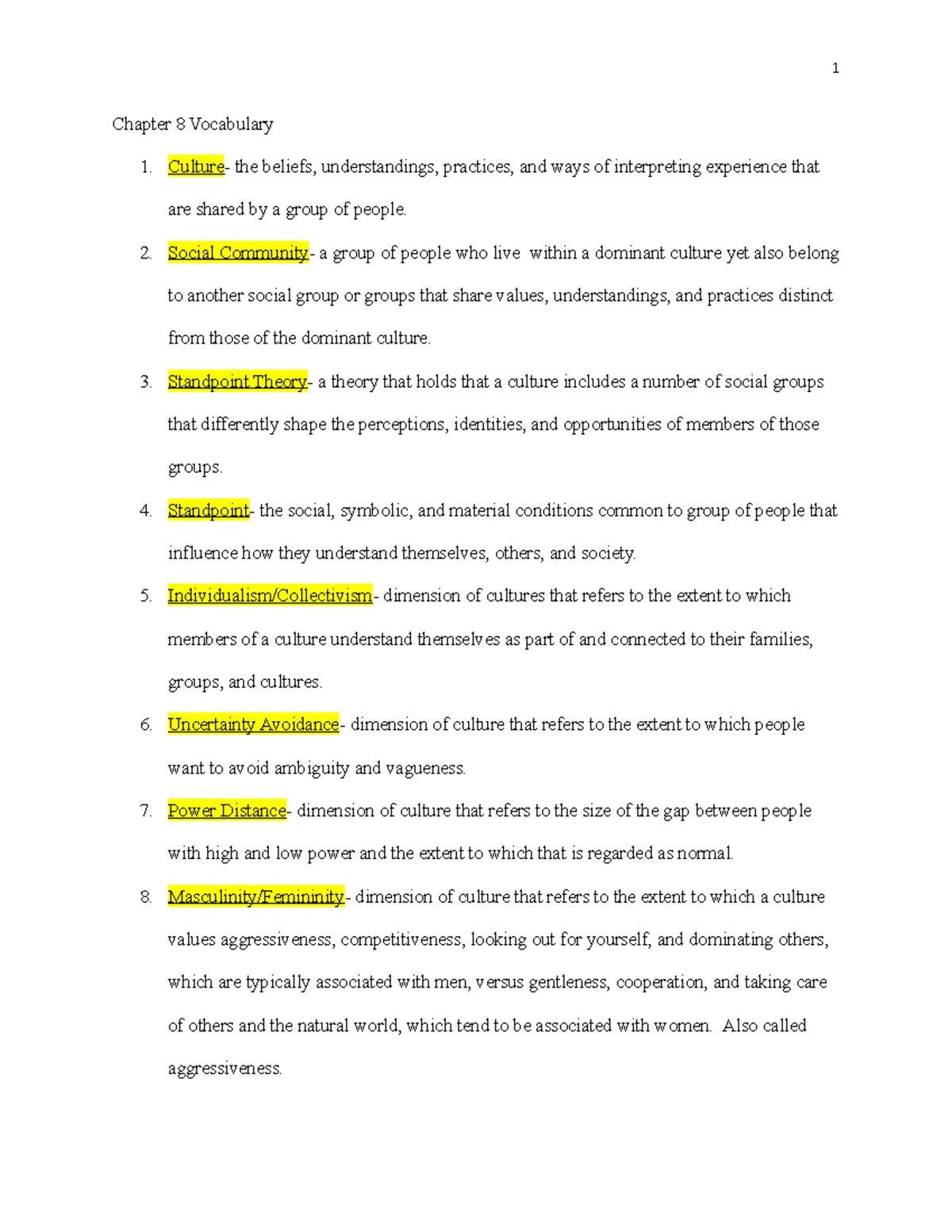 Chapter 8 Vocabulary - 1 Chapter 8 Vocabulary 1. Culture - the beliefs ...