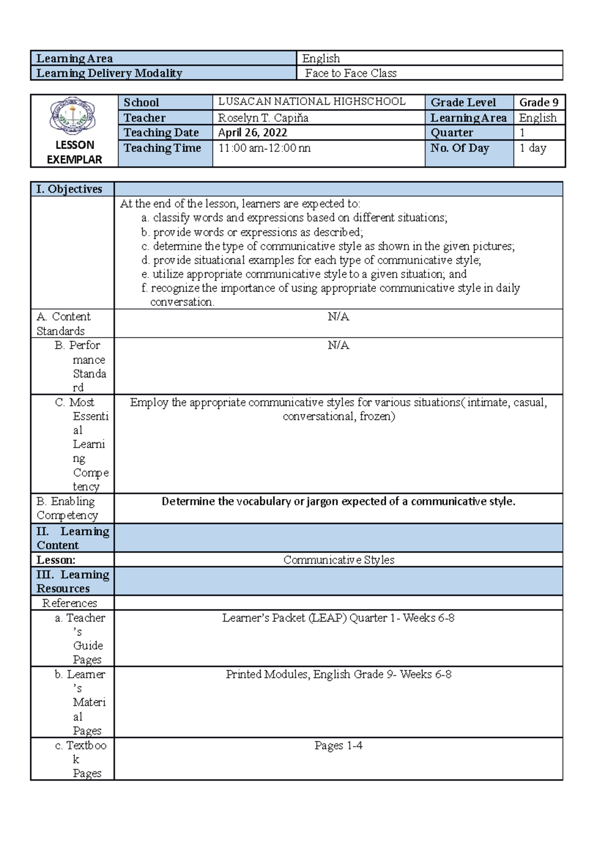 Detailed Lesson Exemplar on Communicative Styles for Grade 9 by Capina ...