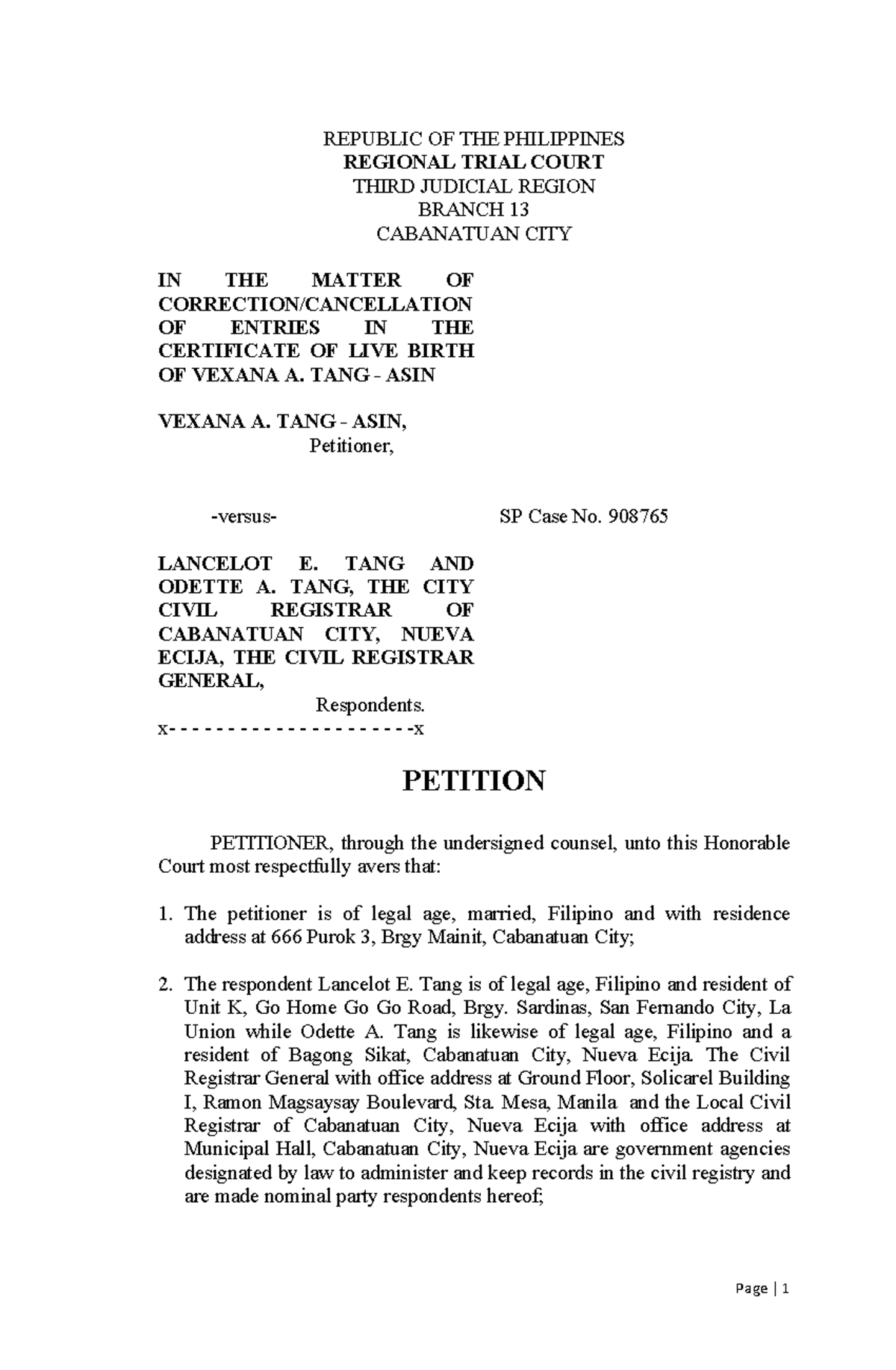 Petition for Correction of Live Birth Entries: SP Case No. 908765 - Studocu
