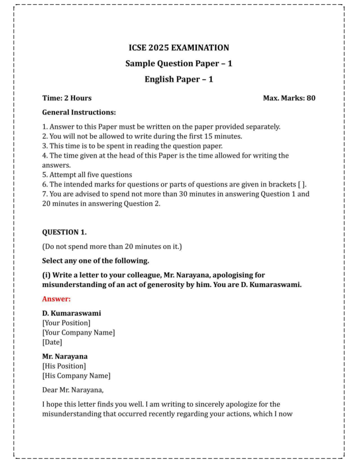 ICSE 2025 English Paper 1 Sample Question Paper - Studocu