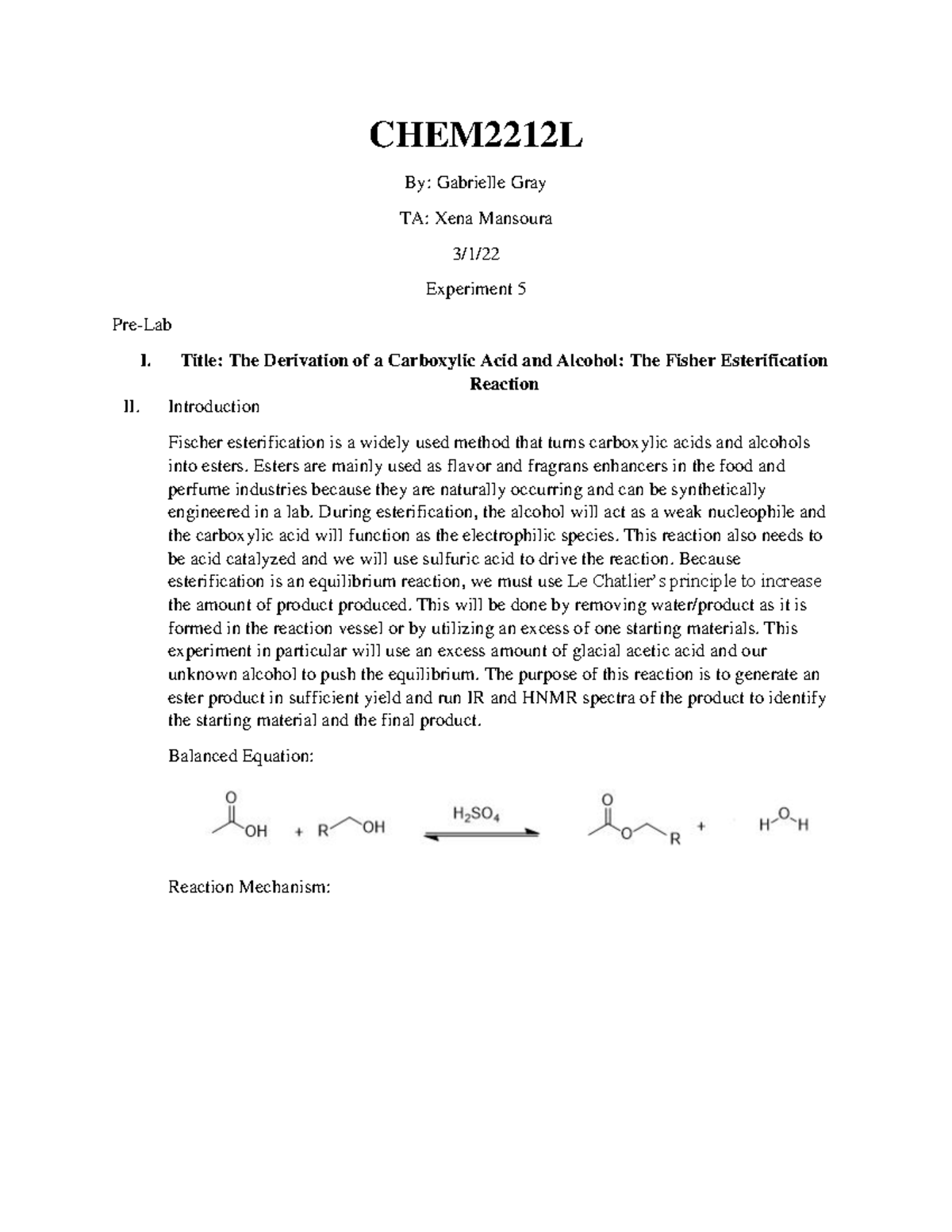Chem2212L Final Exam Experiment 5: Fisher Esterification Analysis - Studocu