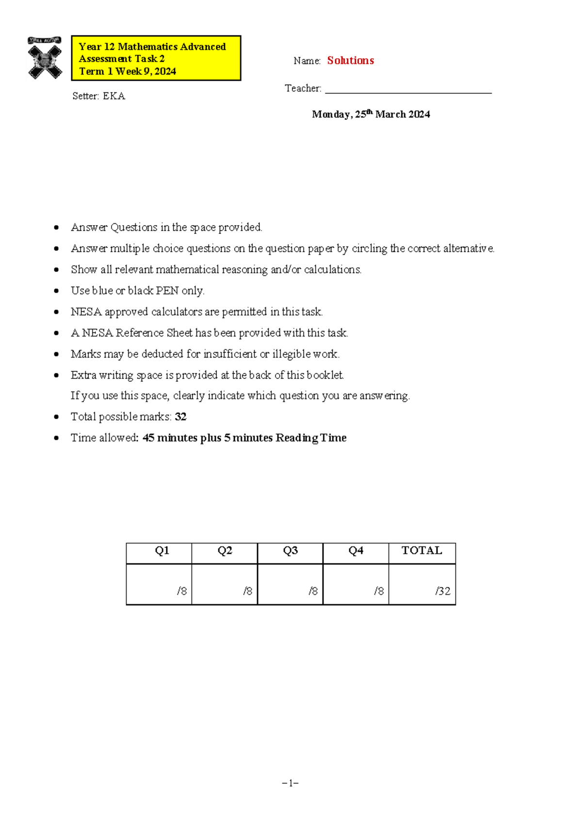 2024 Y12 MA AT2 Solutions - Advanced Math Assessment Task 2 - Studocu