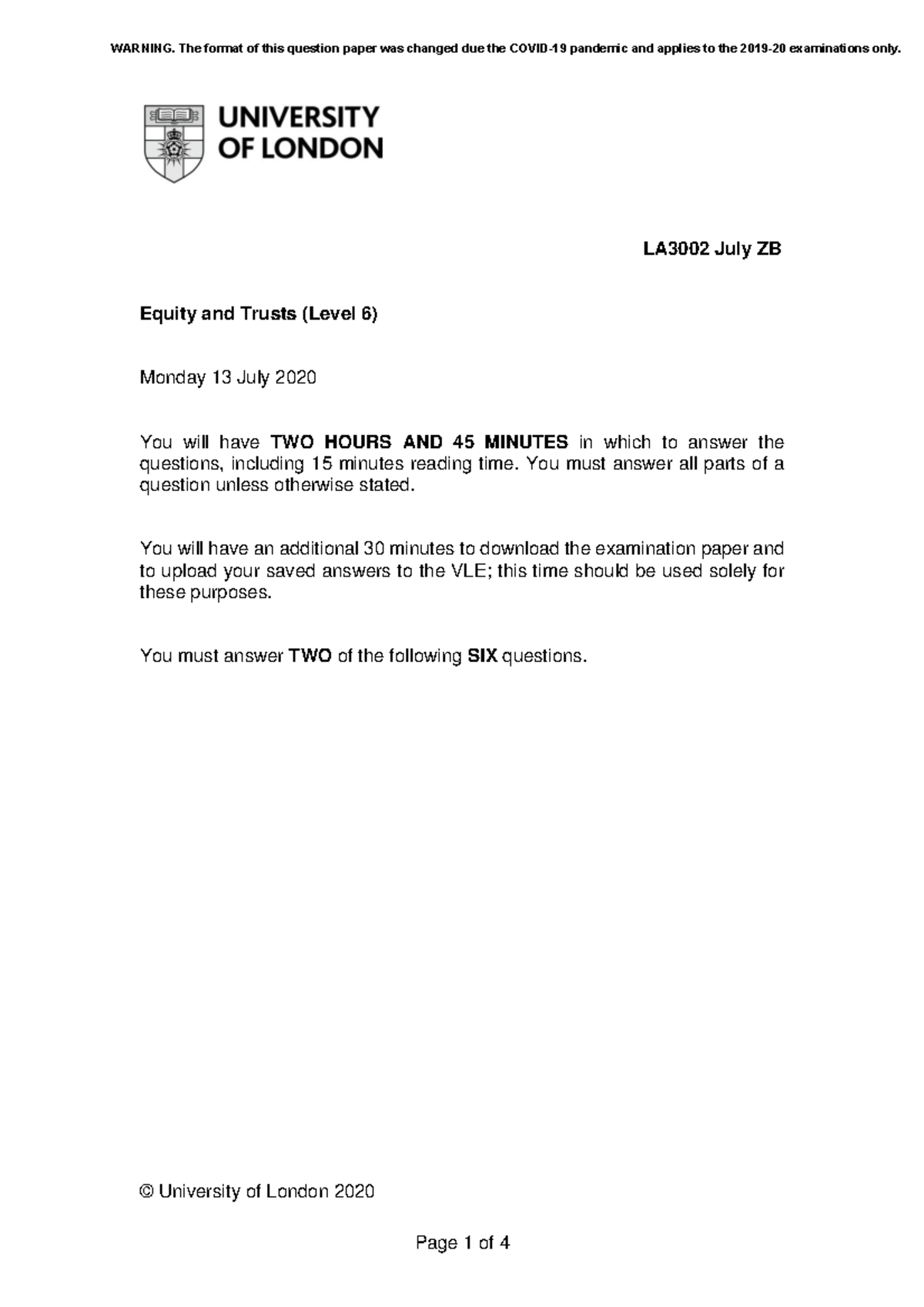 LA3002 Equity and Trusts Level 6 Exam Paper - July 2020 Analysis - Studocu