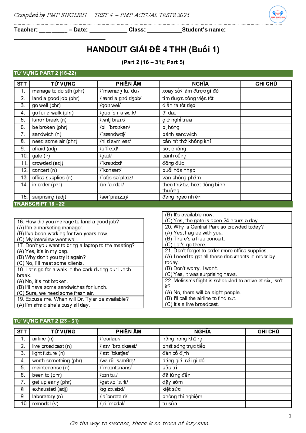PMP ENGLISH TEST 4 – Actual Tests Vocabulary Handout 2025 - Studocu