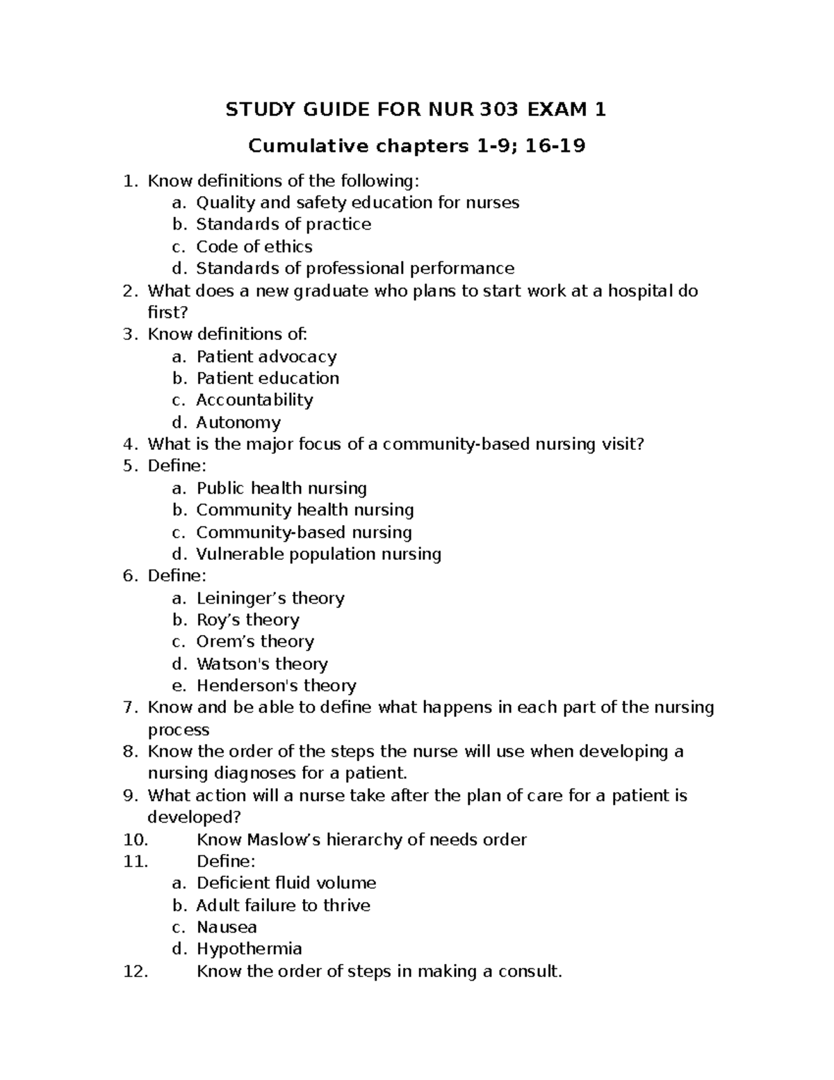 NUR 303 Exam 1 Study Guide: Key Concepts & Definitions - Studocu