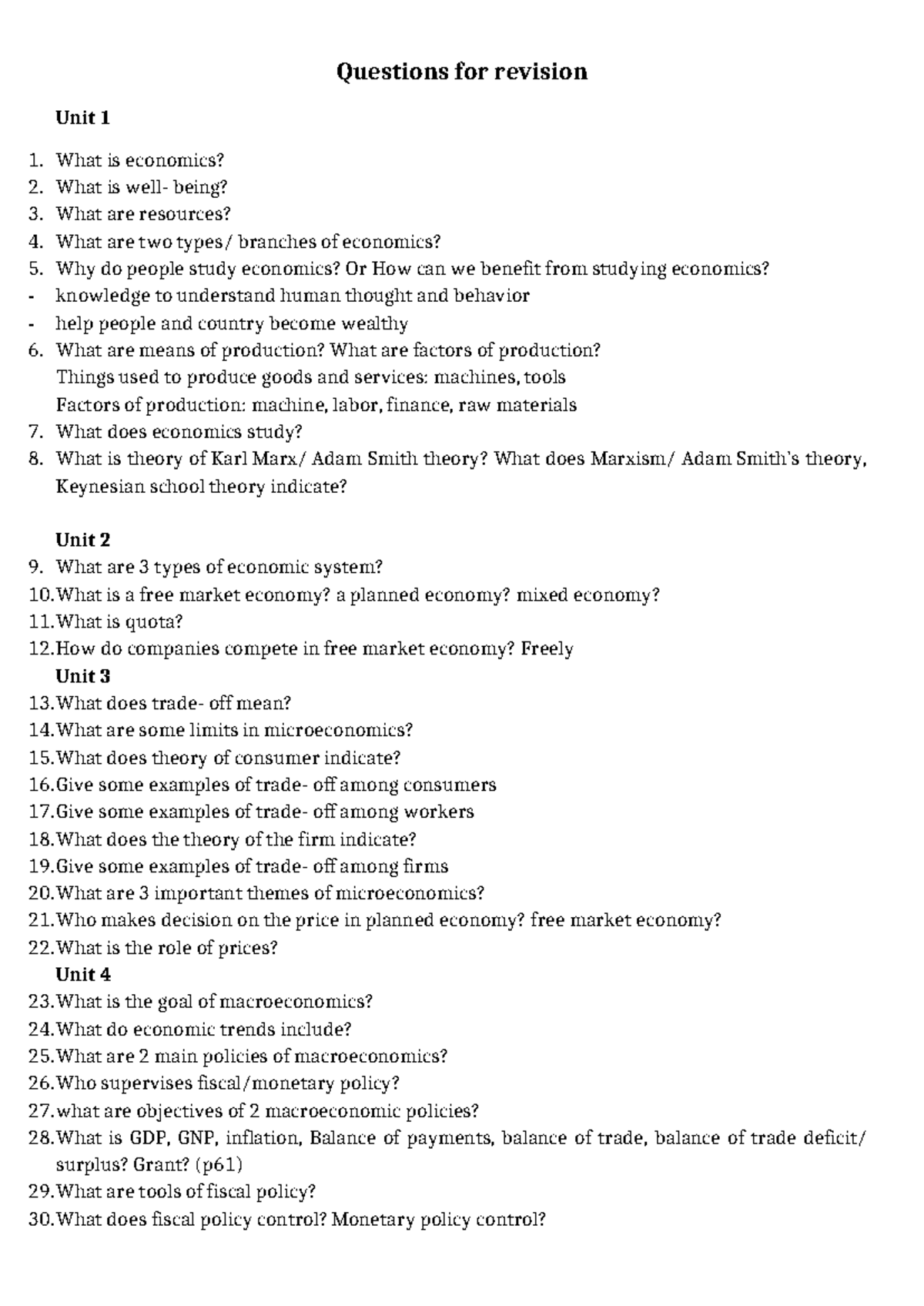 Revision Questions for Economics Unit 1-15 (CN1) - Studocu