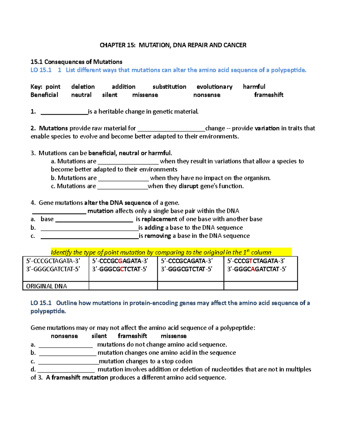 Study Guide Chapter 15 - CHAPTER 15: MUTATION, DNA REPAIR AND CANCER 15 ...