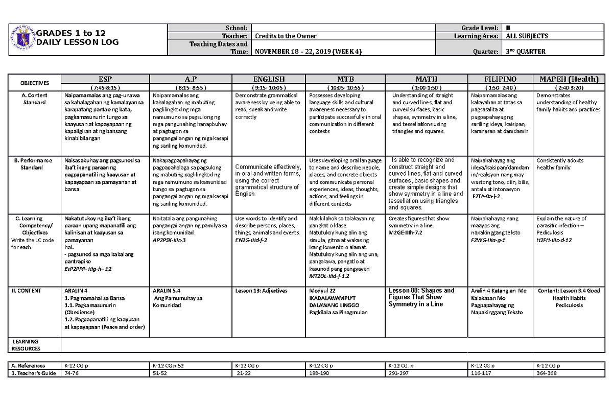 DLL ALL Subjects 2 Q3 W4 D1 - GRADES 1 to 12 DAILY LESSON LOG School ...