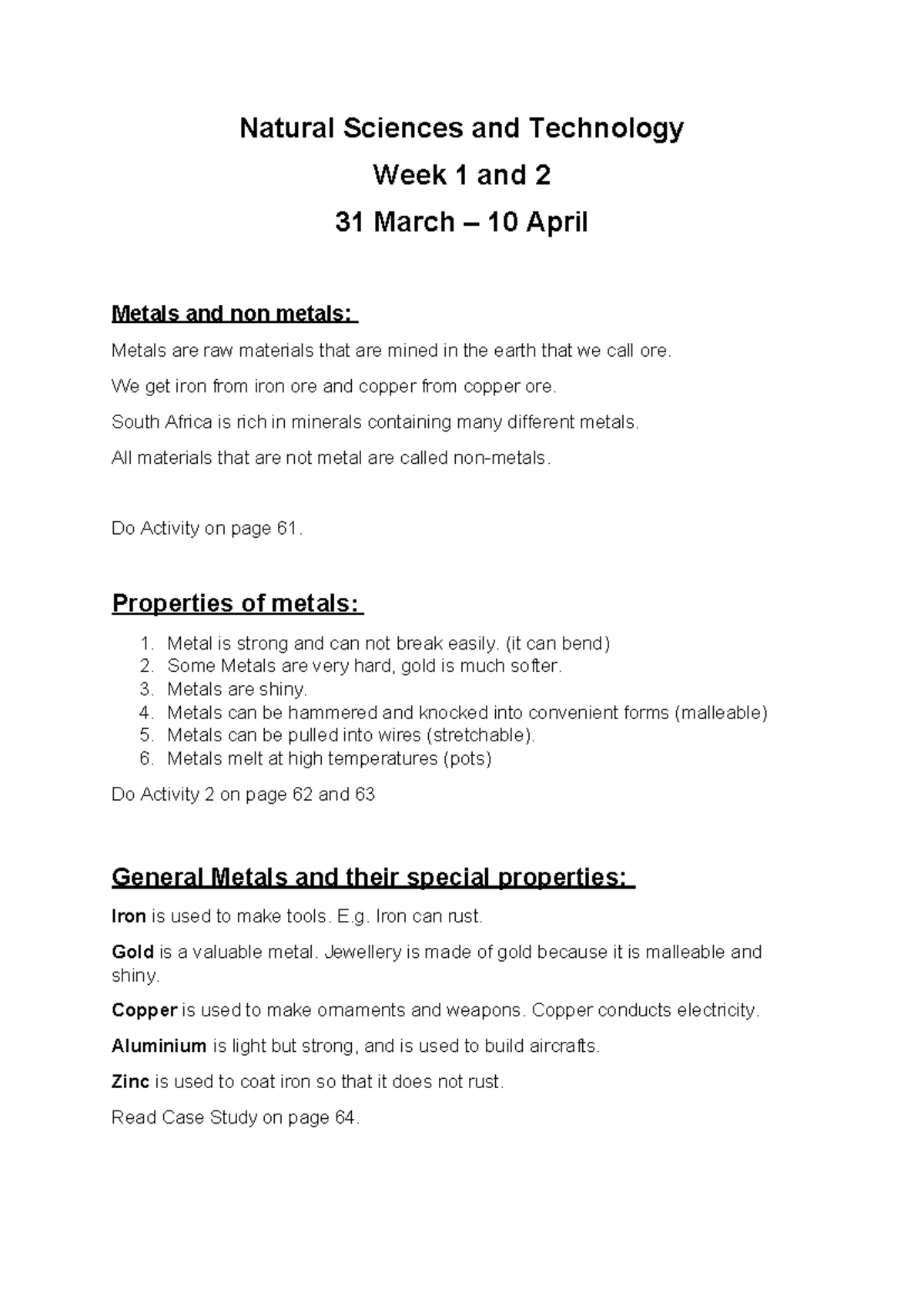 Natural Sciences & Tech: Week 1-2 Notes on Metals & Non-Metals - Studocu