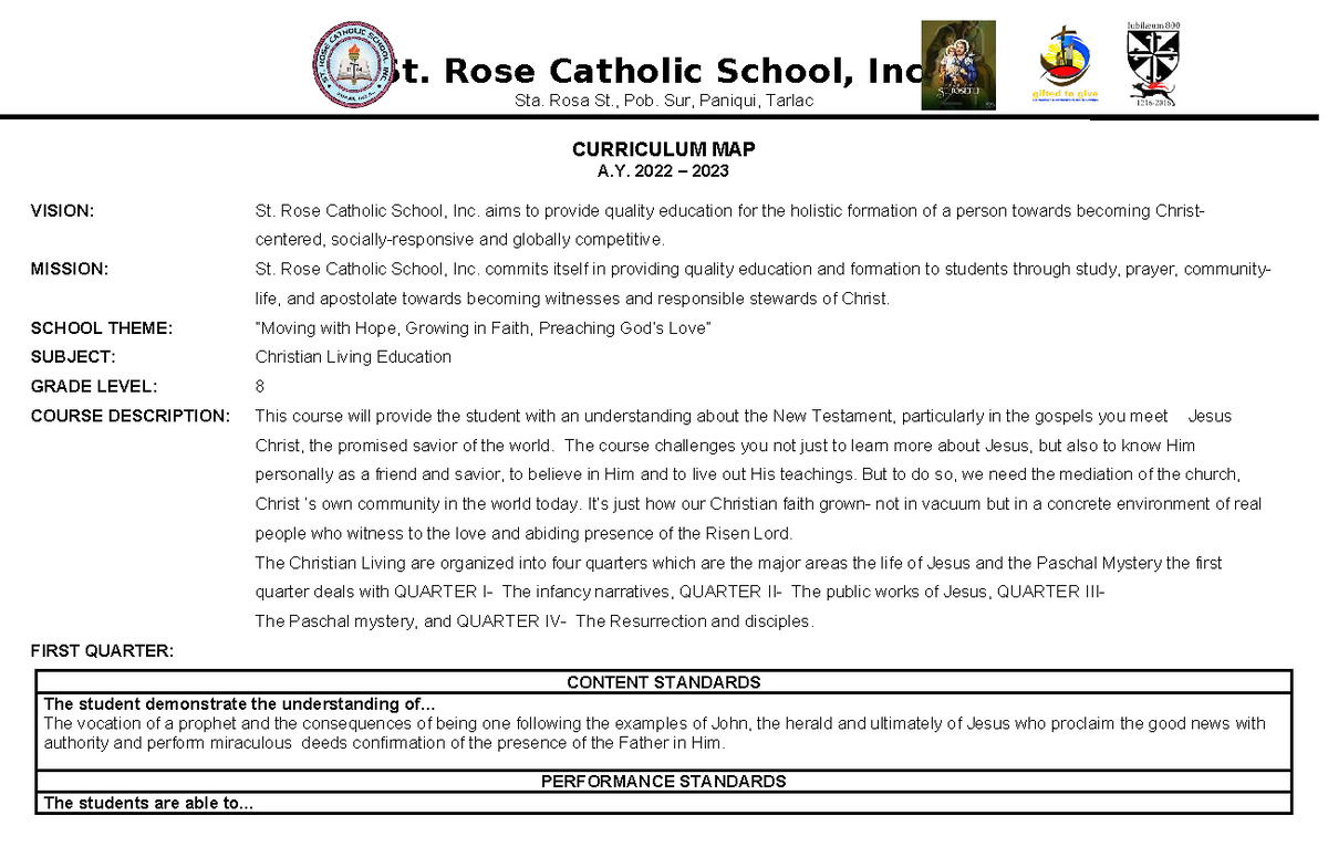 CM-CLE-ESP-8-1Q: Curriculum Map for Christian Living Education Grade 8 ...